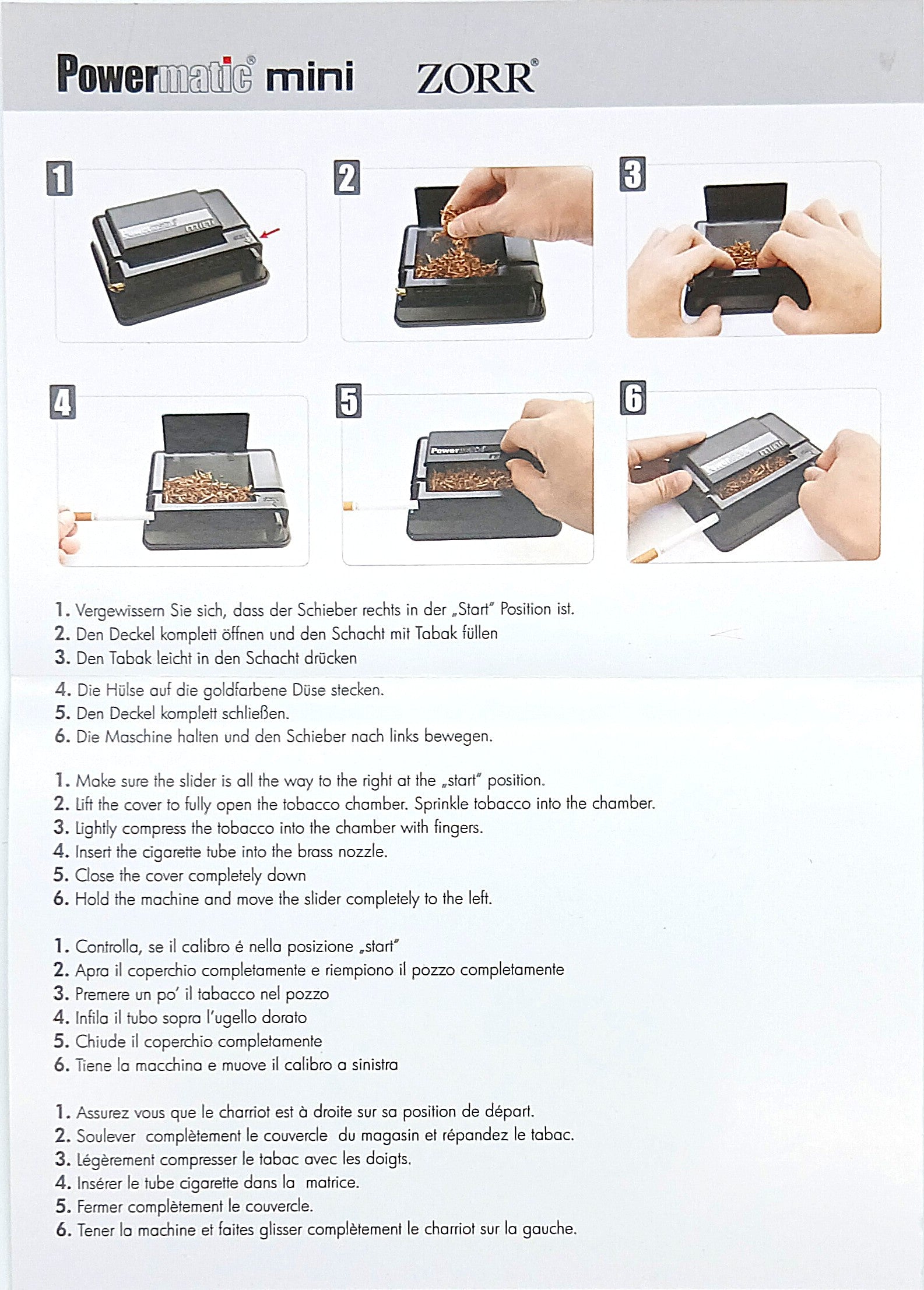 Schritt-für-Schritt-Bedienungsanleitung der ZORR Powermatic Mini Zigarettenstopfmaschine