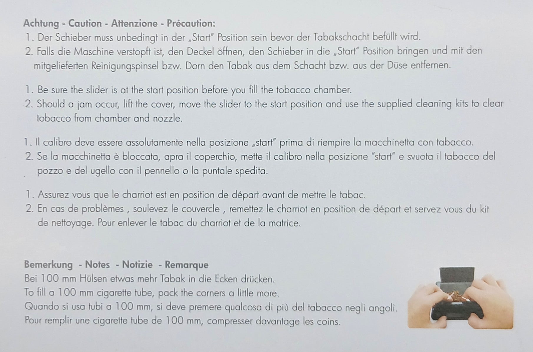 Hinweise zur Nutzung und Reinigung der ZORR Powermatic Mini Stopfmaschine sowie Information für 100-mm-Hülsen