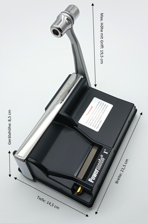 ZORR Powermatic I+ Elite Stopfmaschine mit Abmessungen: Breite 21,5 cm, Tiefe 14,5 cm, Gerätehöhe 8,5 cm und maximale Höhe mit Griff 19,5 cm