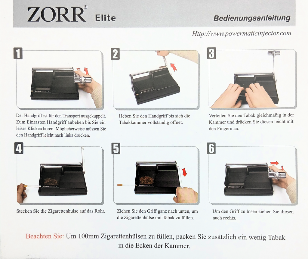 Schritt-für-Schritt-Bedienungsanleitung der ZORR Powermatic I+ Elite Zigarettenstopfmaschine