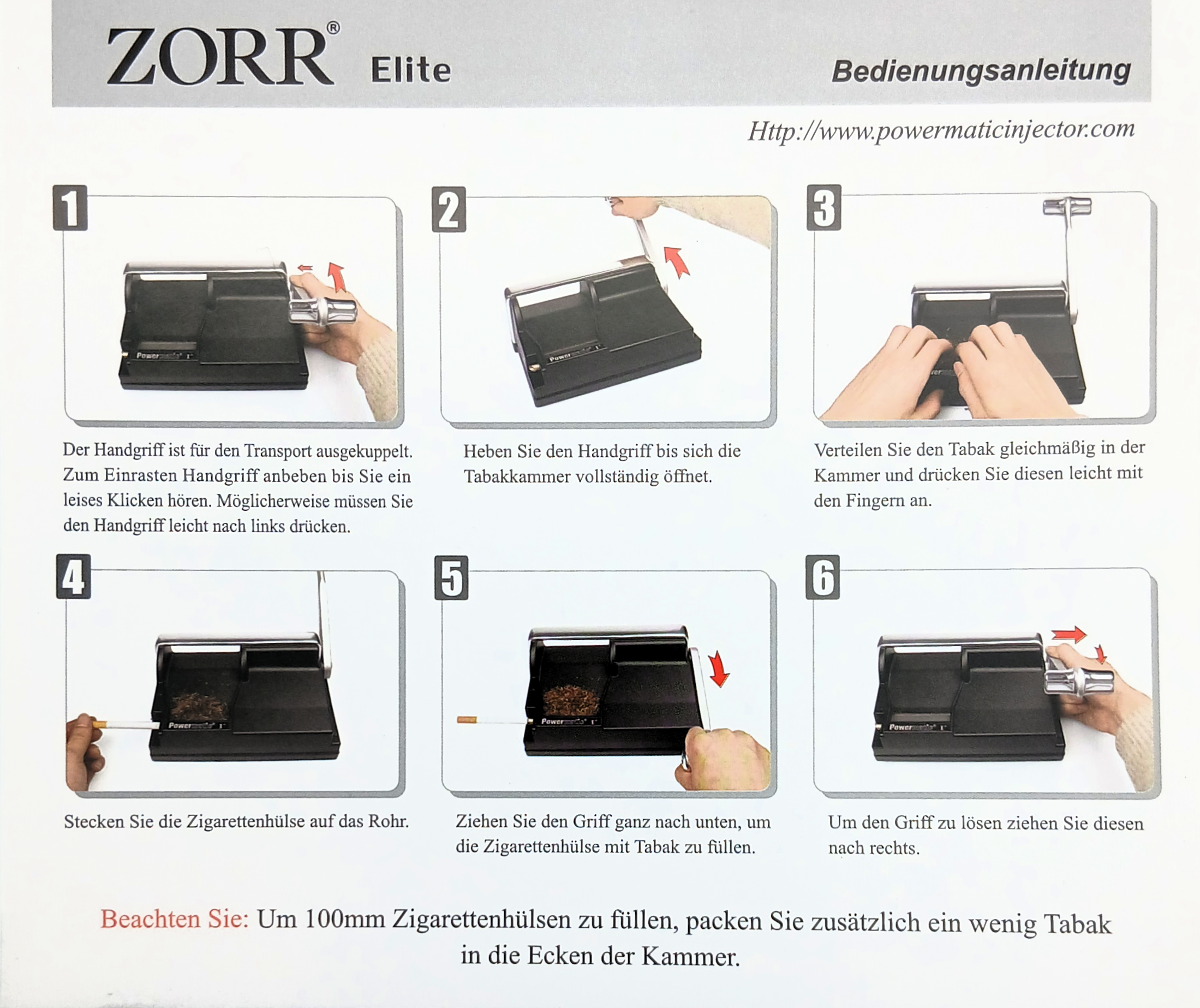 Schritt-für-Schritt-Bedienungsanleitung der ZORR Powermatic I+ Elite Zigarettenstopfmaschine