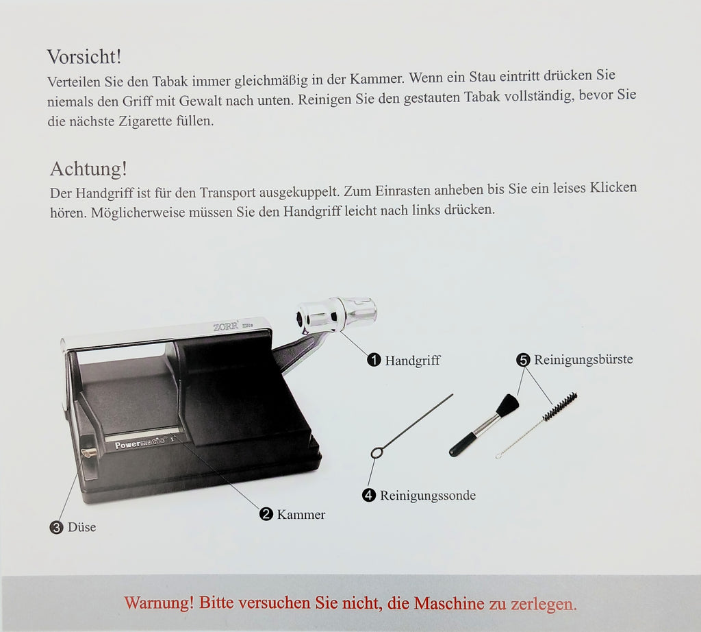 Warnhinweise und Informationen zur Reinigung der ZORR Powermatic I+ Elite Stopfmaschine