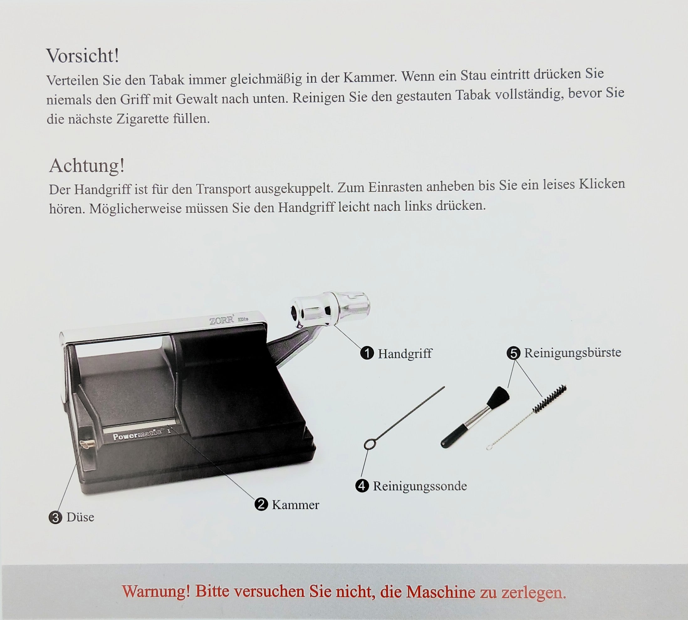 Warnhinweise und Informationen zur Reinigung der ZORR Powermatic I+ Elite Stopfmaschine
