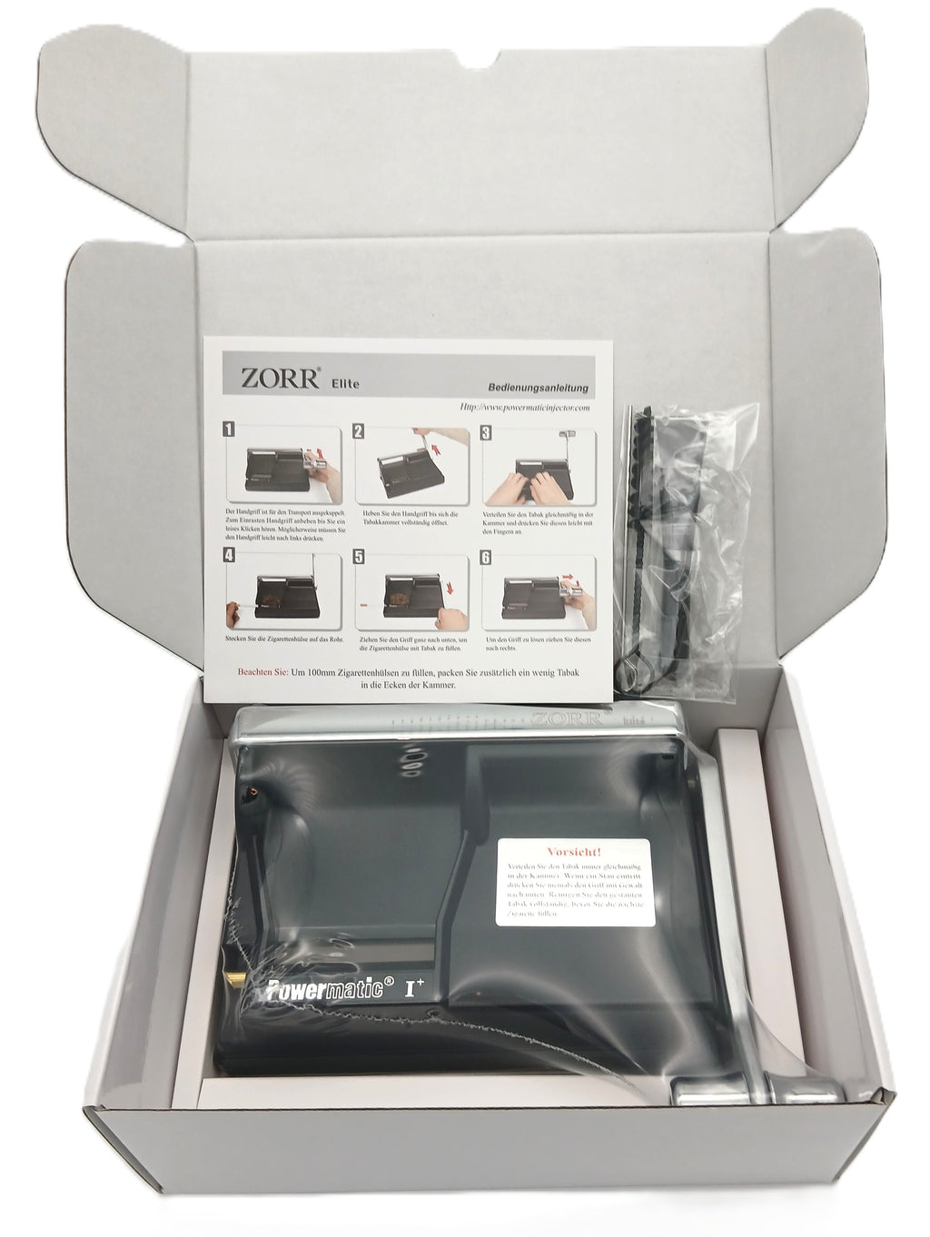 ZORR Powermatic I+ Elite im Lieferzustand in geöffneter Verpackung mit Anleitung und Reinigungszubehör