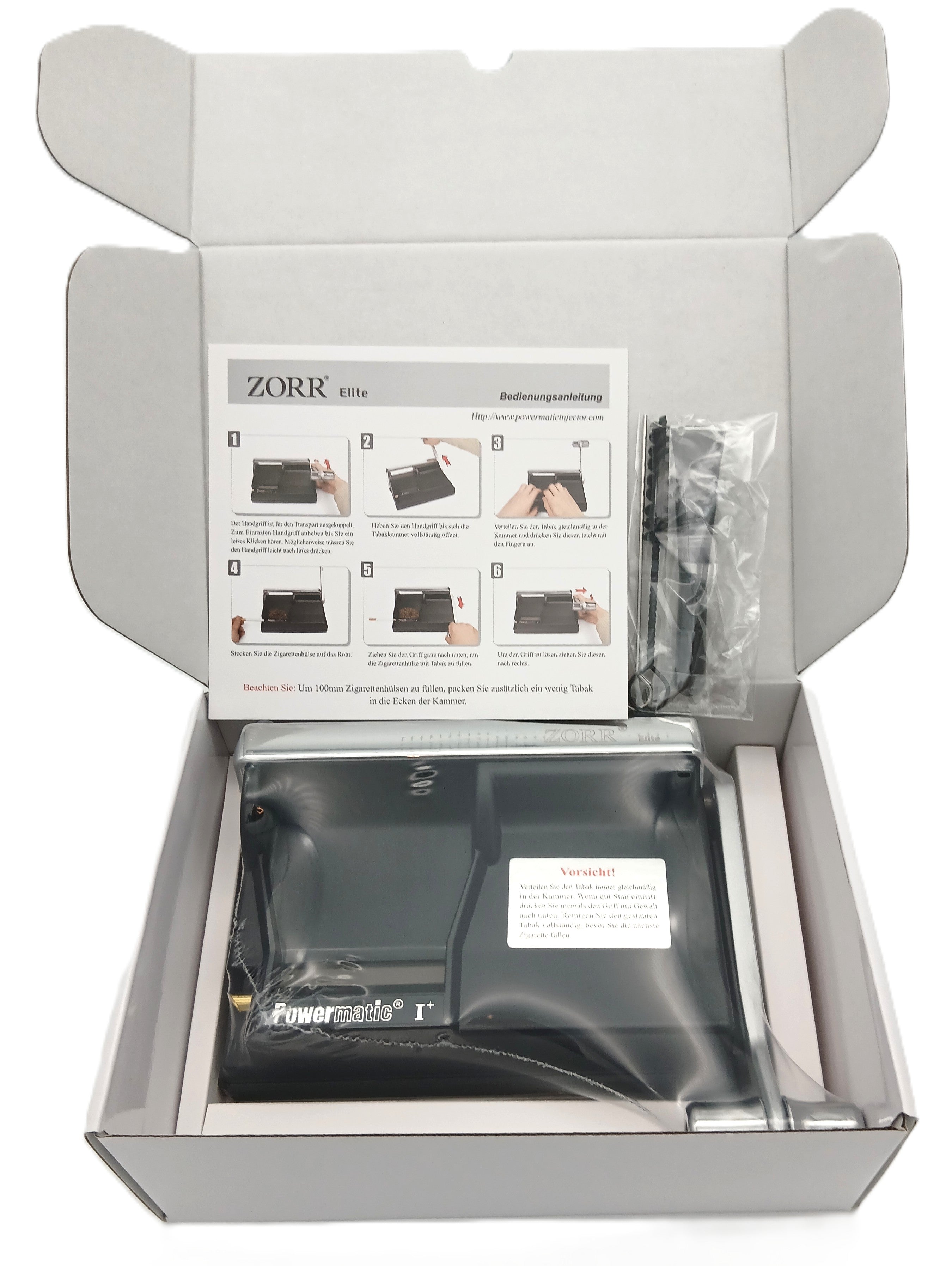 ZORR Powermatic I+ Elite im Lieferzustand in geöffneter Verpackung mit Anleitung und Reinigungszubehör